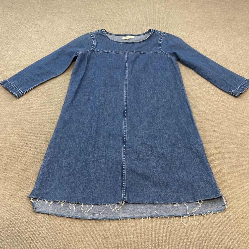 Madewell Dress Womens XS Blue‎ Denim 3/4 Sleeve Shift Fringe Hem Cotton Linen
